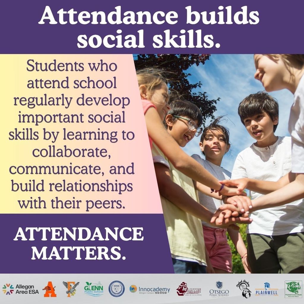 Attendance builds social skills. 5 students huddling with hands in