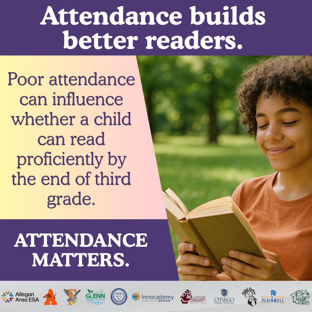 Attendance builds better readers. Boy reading a book.