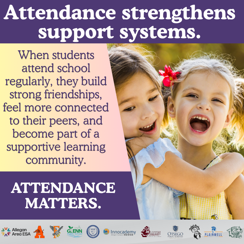 Attendance strengthens support systems. 2 children hugging and smiling