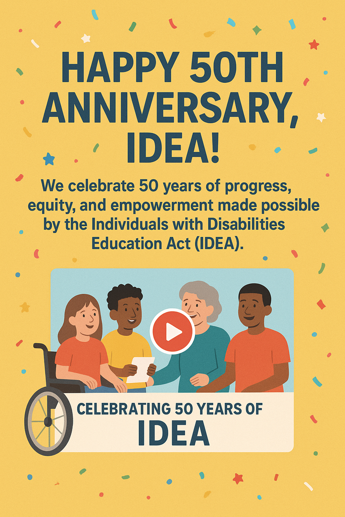 happy 50th anniversary IDEA. 4 diverse people smiling