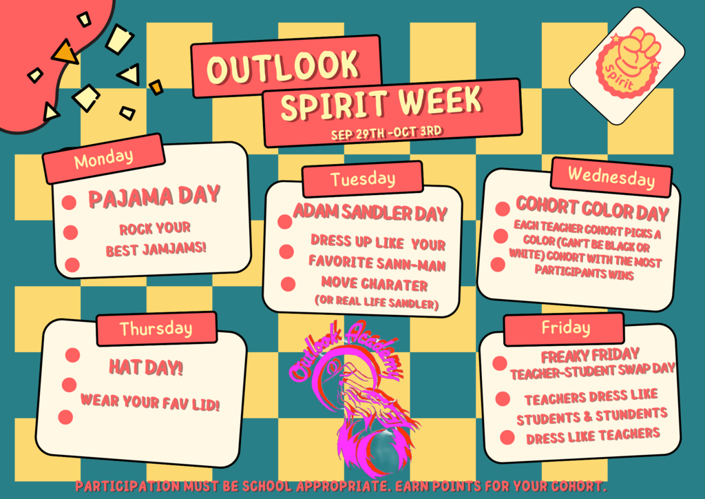 A picture displaying all days for spirit week and what is being celebrated on each one of those days.