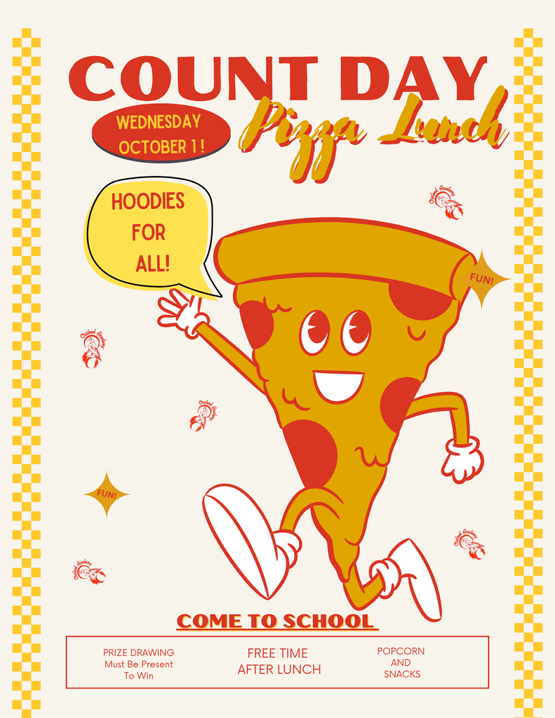 A picture of an minimally anthropomorphic slice of pizza and text explaining what will be happening on count day.