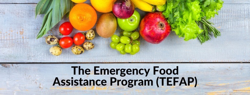 Picture with multiple fruits on a table top with a top down view. The text at the bottom of the picture says, "The Emergency Food Assistance Program (TEFAP).