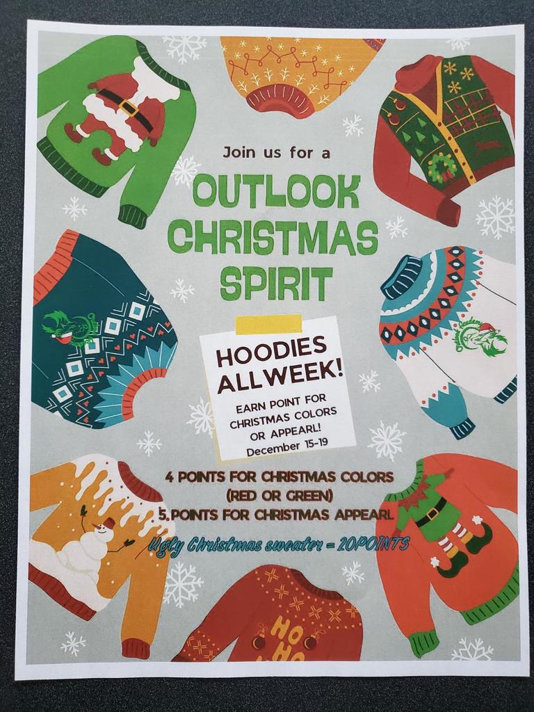a picture with Christmas themed sweat shirts that talks about this years Christmas spirit week.