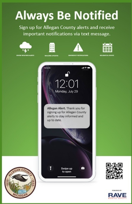 picture of a phone demonstrating Allegan County alerts with a QR code.