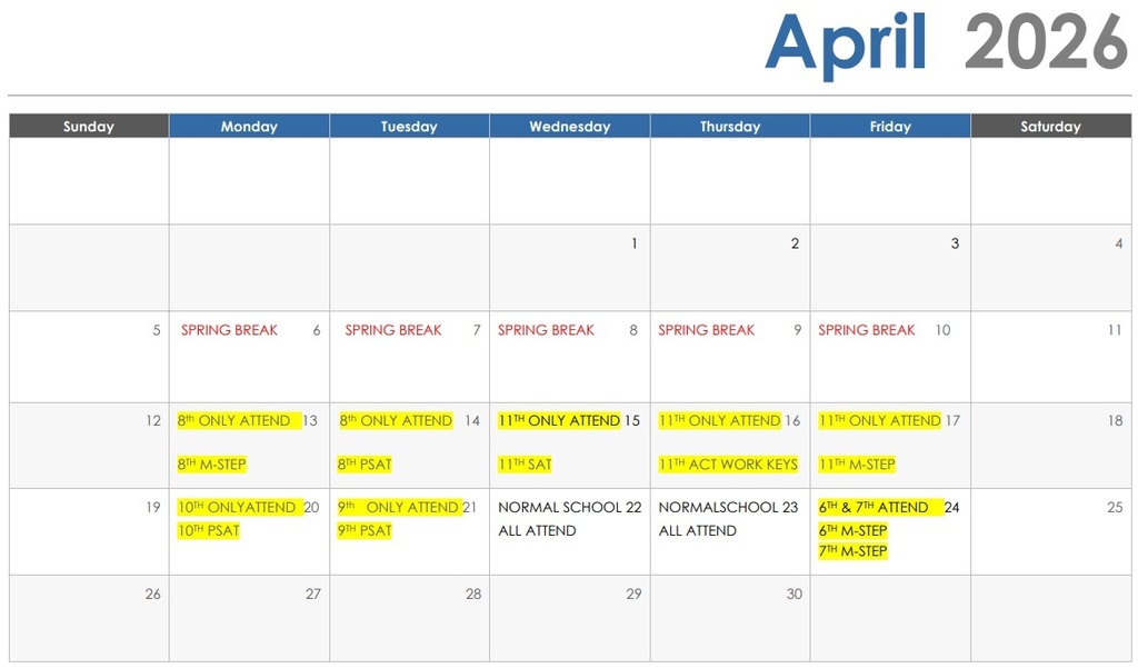 testing days for the month of April in the year 2026