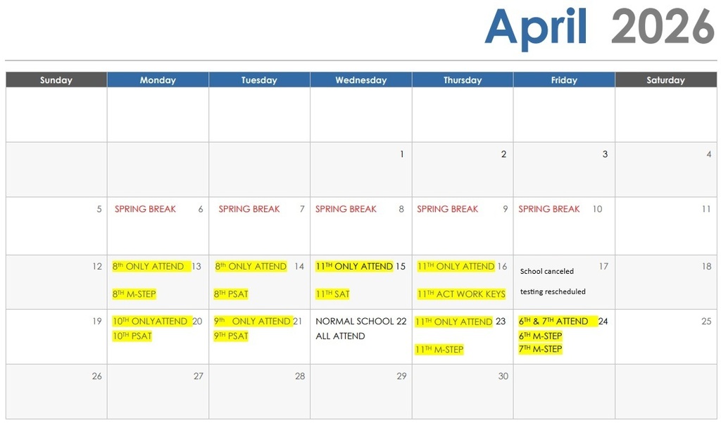 current updated testing days for outlook academy for the month of april.