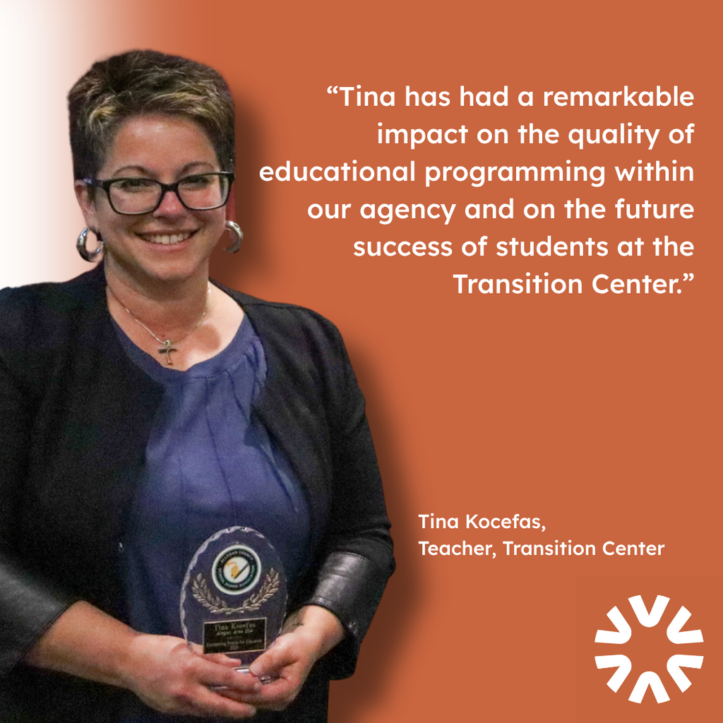 A graphic featuring Tina Kocefas, Teacher at the Transition Center, smiling and holding an award plaque against an orange background. The graphic includes the quote: “Tina has had a remarkable impact on the quality of educational programming within our agency and on the future success of students at the Transition Center.” Tina’s name and title appear in the lower right corner alongside the Allegan Area ESA logo.
