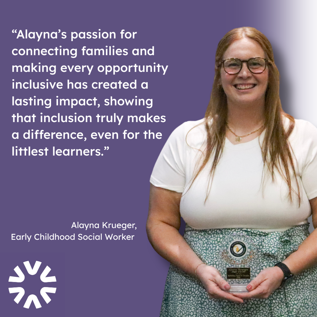 A graphic featuring Alayna Krueger, Early Childhood Social Worker, smiling and holding an award plaque against a purple background. The graphic includes the quote: “Alayna’s passion for connecting families and making every opportunity inclusive has created a lasting impact, showing that inclusion truly makes a difference, even for the littlest learners.” Alayna’s name and title appear near the bottom left alongside the Allegan Area ESA logo.