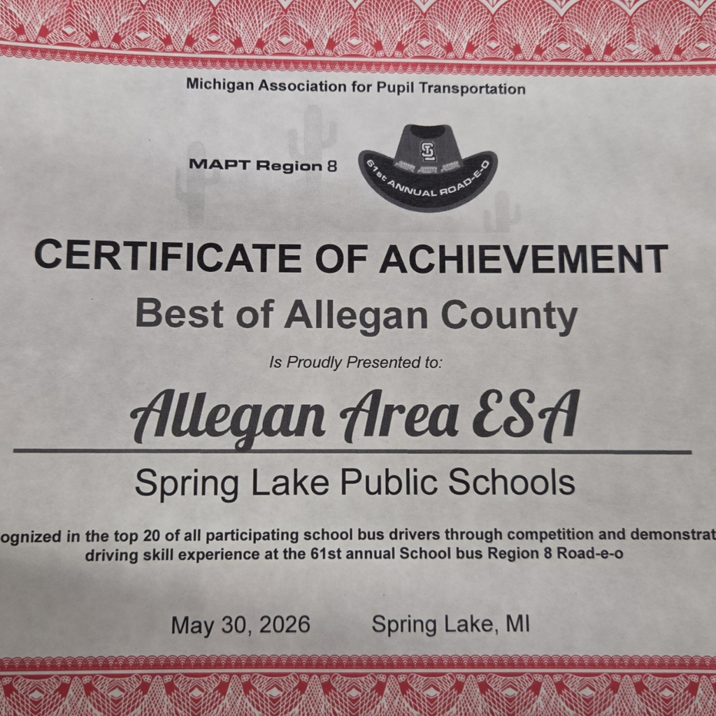 A certificate of acheivement for being the best of allegan county to participate in the MAPT Region 8 bus Rodeo