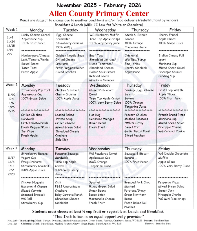 Lunch menu November-February