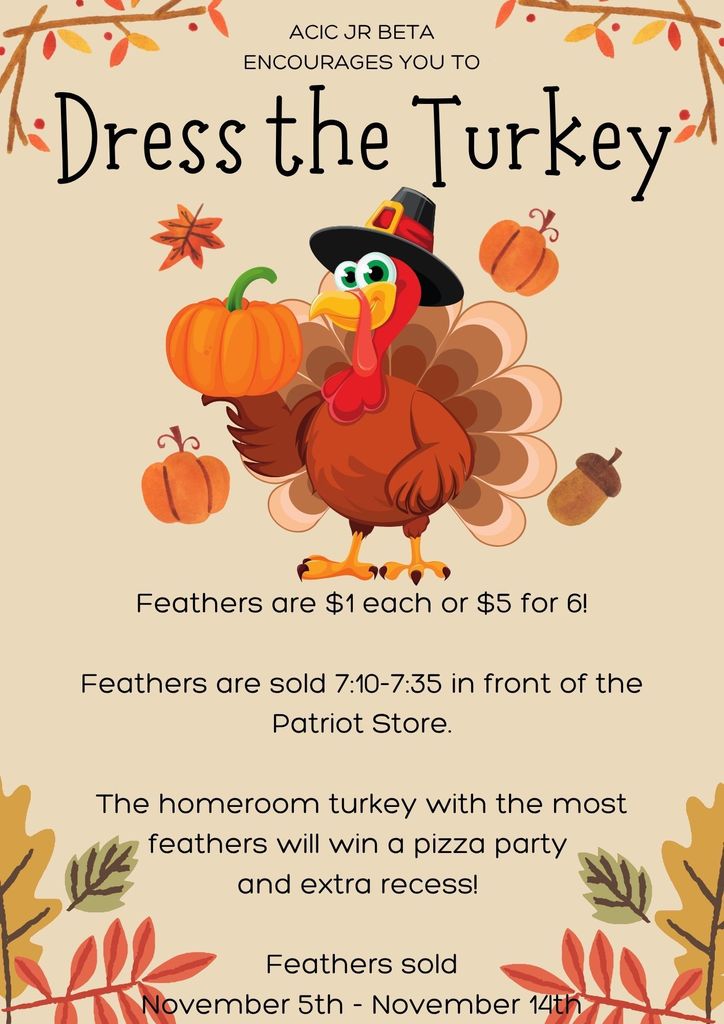 Dress the Turkey!  This is a Jr BETA Fundraiser. Turkeys are placed outside each classroom door! 