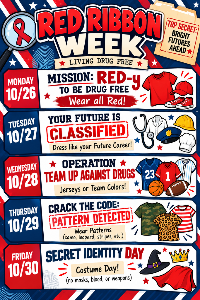 Monday: ALL Red, Tuesday: Future Career, Wednesday: Team Colors / Jersey, Thursday: Patterns, Friday: School-appropriate costumes