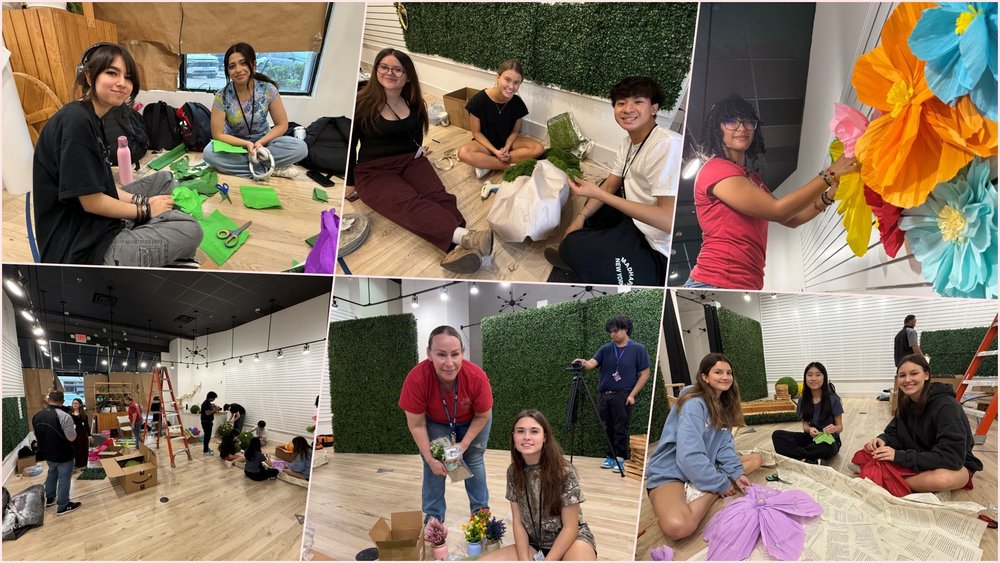 Collage of students working on Easter Bunny photo booth at Watters Creek