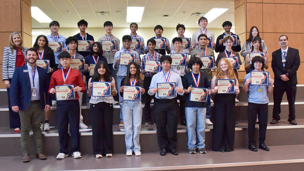 AHS National Merit  Finalists with Principala Carrie Jackson, Assistant Principal Chris Koder and teacher Jose Salas