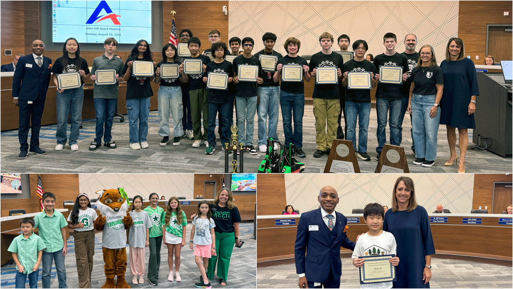 Board recognitions from Allen ISD on August 25, 2025, highlighting Vaughan Elementary student Haochen Ye for winning state and national Reflections art awards, and the Allen ISD FTC Robotics Team for earning second place at the UIL State Championship. Green Elementary sixth graders also led the Pledge of Allegiance.