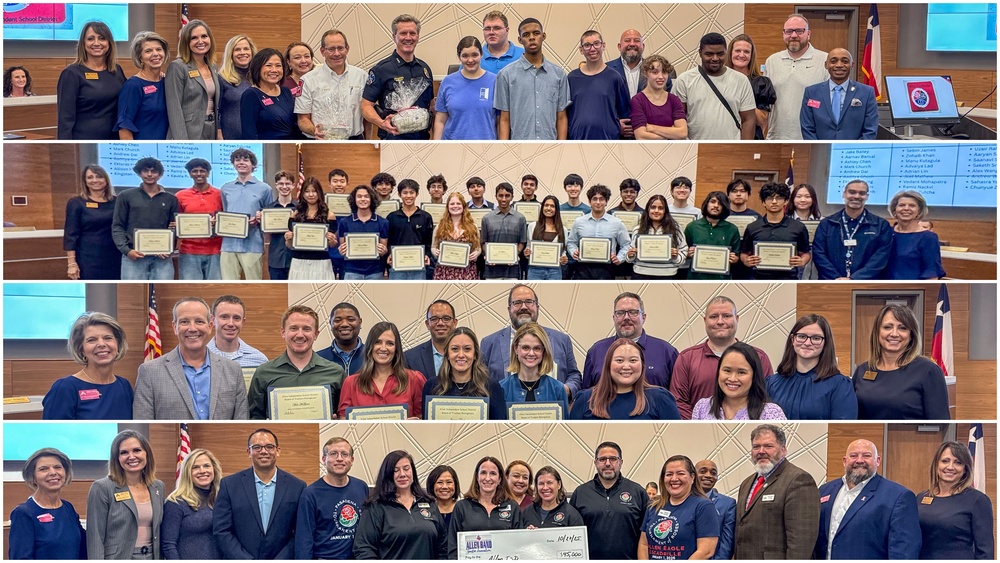 Allen ISD Board recognized students, teachers, and community partners on Oct. 27, 2025, including the 18+ Transition Program, National Merit Semifinalists, Fine Arts award winners, and the Band Booster Association for a $45,000 donation supporting the Escadrilleâs 2026 Rose Parade trip.