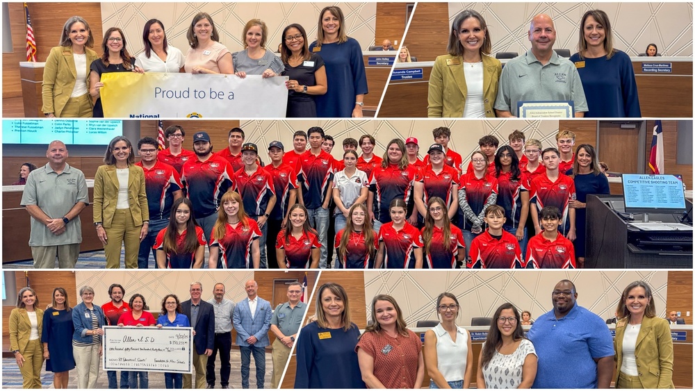 Allen ISD Board of Trustees recognized student champions, award-winning teacher Jason Anderson, $150K in school grants, and PTA excellence.