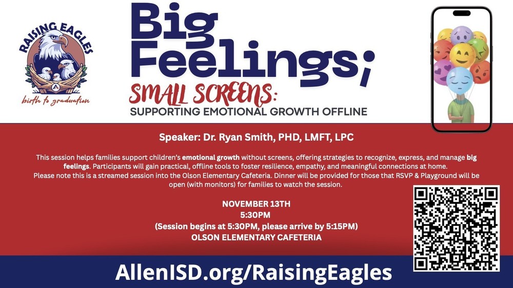 Bright poster with eagles in a nest, smiley balloons on a cell phone, information on a meeting about feelings for emotional growth support. Date of meeting and a QR code to sign up.