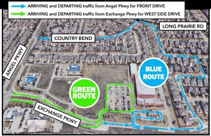 Traffic Map flow of the neighborhood around school Green and Blue Route 