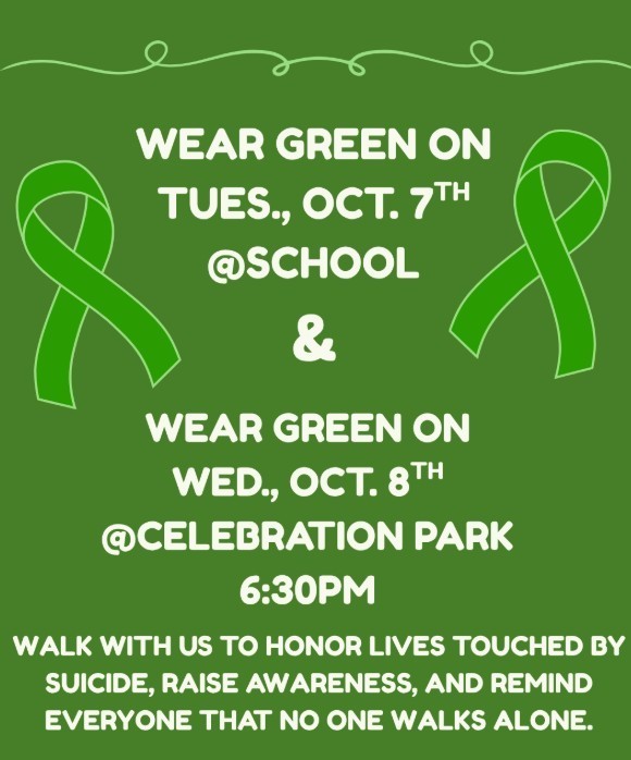 Wear Green and walk with us to honor the lives touched by suicide, raise awareness, and remind everyone that no one walks alone.