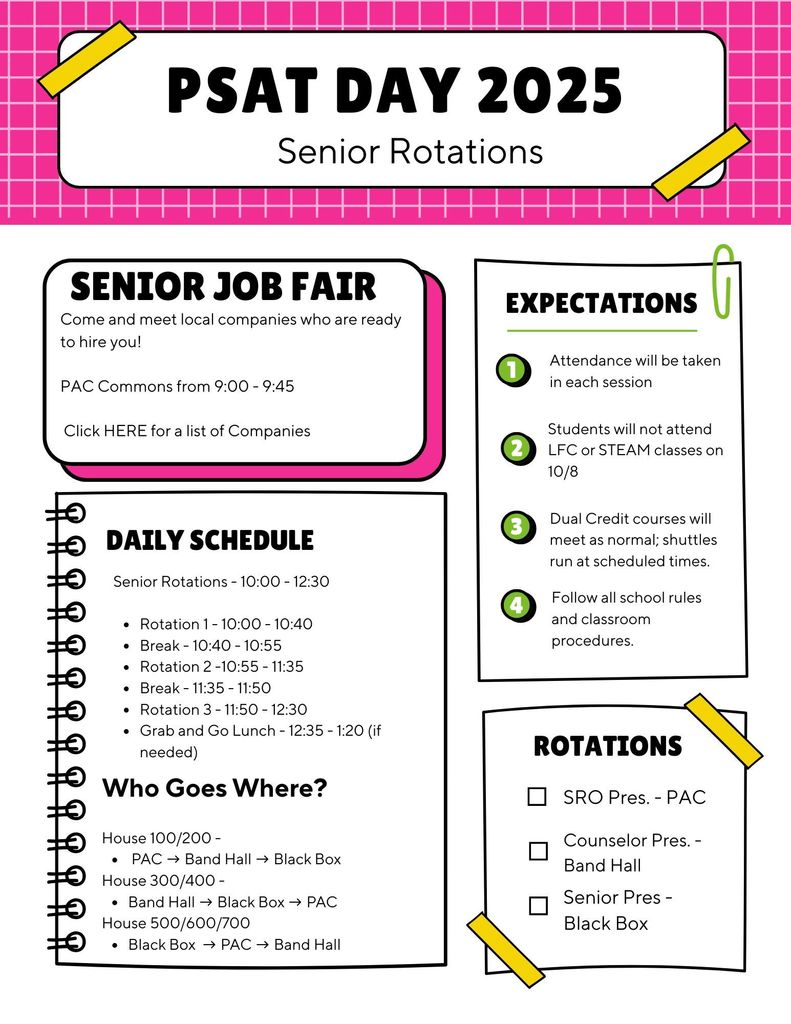 PSAT DAY 2025 Senior Rotations with daily schedule, expectations, and rotations.