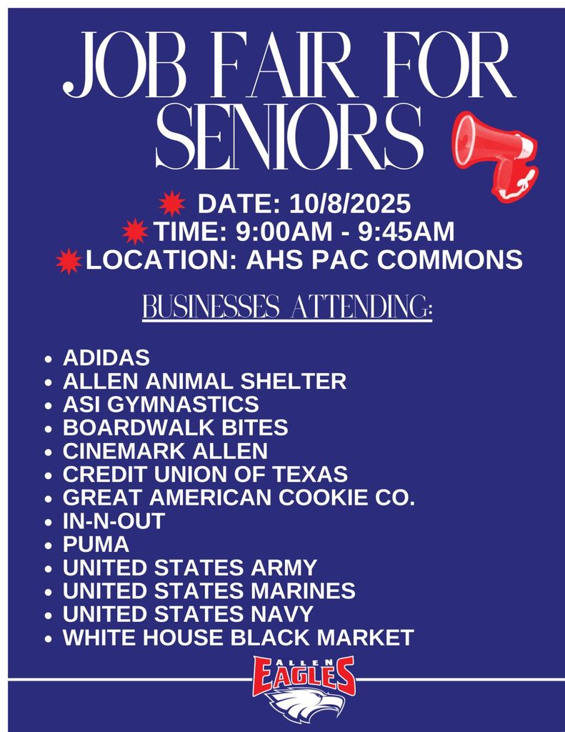 Job Fair for Seniors on 10/8.25 located in the PAC with a list of businesses attending.