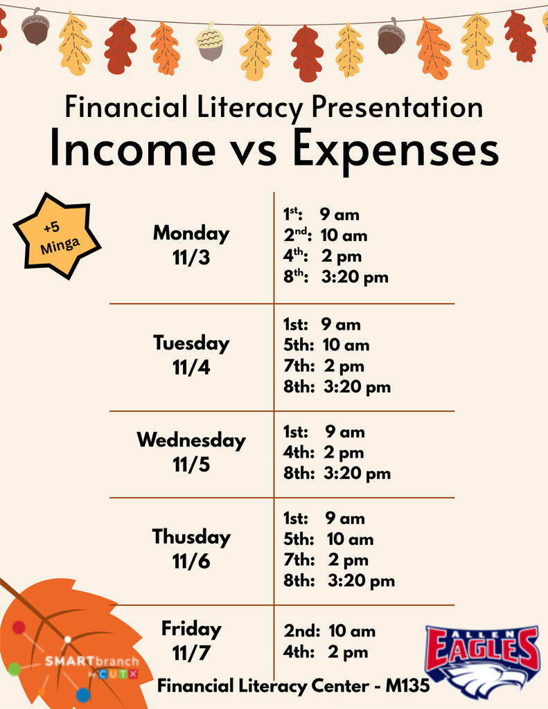November dates and times for financial literacy presentations for students. 