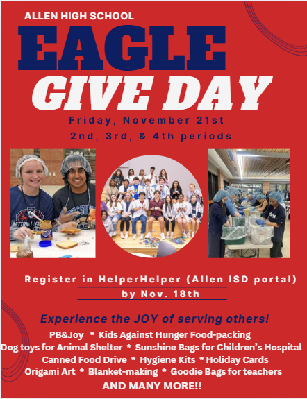 Eagle Give day November 21st 2025 during 2nd, 3rd, and 4th periods. 