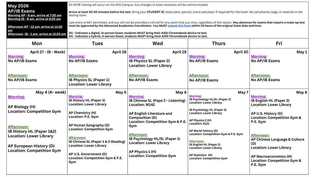 AP/IB May 2026 Schedule Part 1