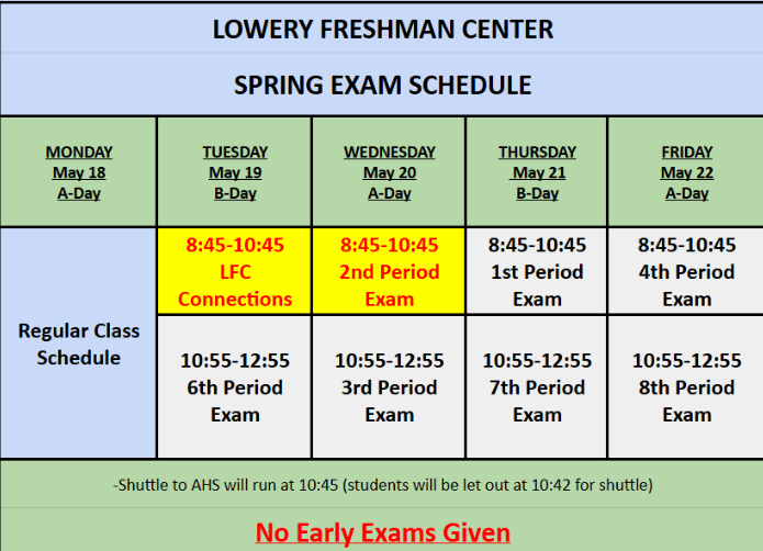Final Exam Schedule for Lowery Freshman Center.  May 19th 8:45-10:45 LFC Connections, 10:55 - 12:55 6th Period Exam, May 20th 8:45 - 10:45 2nd Period Exam, 10:55 - 12:55 3rd Period Exam, May 21st, 8:45-10:45 1st Period Exam,  10:55 - 12:55 7th Period Exam, May 22nd 8:45-10:55 4th period Exam, 10:55 - 12:55 8th period exam, Shuttle to AHS will run at 10:45 students will be let out at 10:42 for shuttle, No Early Exams Given