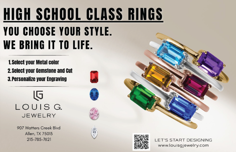 Louis G. Jewelry advertises custom high school class rings with gemstone and engraving options.