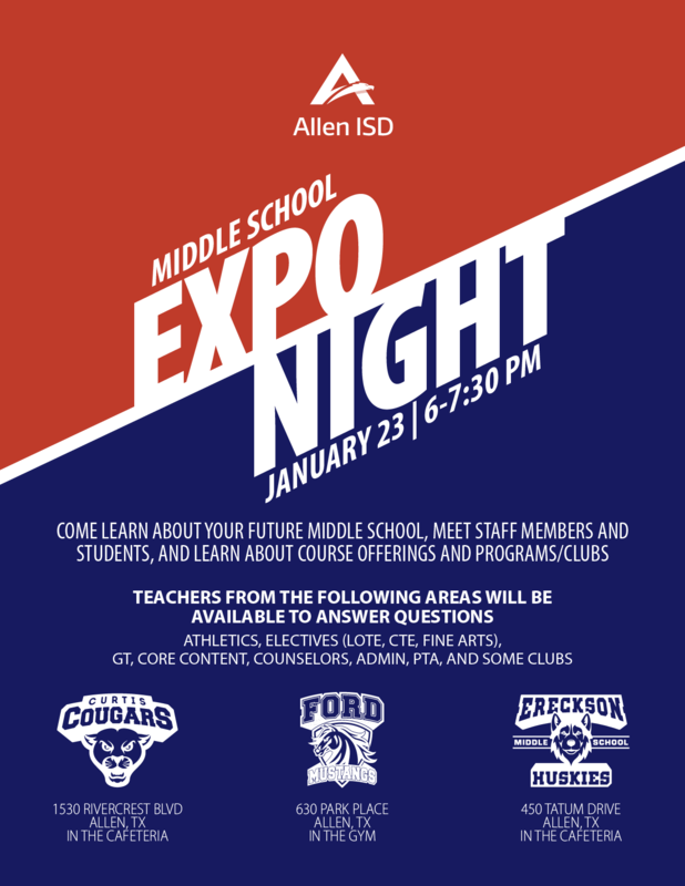 Middle School Expo Night, January 23 from 6730 p.m. Reed Elementary