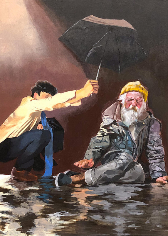 Student of young man holding umbrella for older man artwork honored by CUTX
