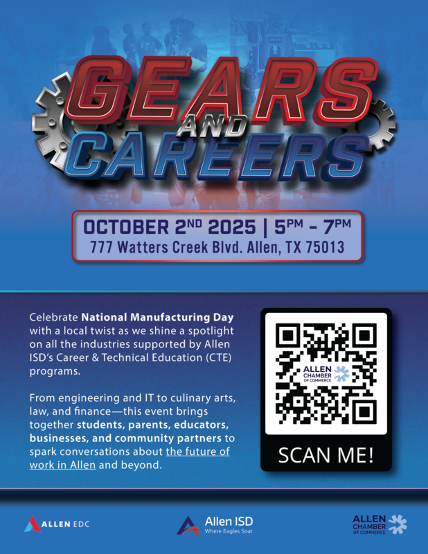 Gears and Careers, October 2, 2025, 5–7 PM at 777 Watters Creek Blvd, Allen. A National Manufacturing Day event highlighting Allen ISD CTE programs.