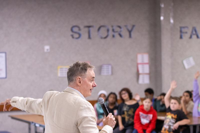 Author W. Bruce Cameron visited multiple schools, engaging students with stories, discussion, and insights into writing, imagination, and his new book, Stella: Ranch Patrol.