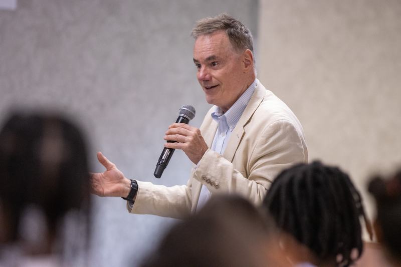 Author W. Bruce Cameron visited multiple schools, engaging students with stories, discussion, and insights into writing, imagination, and his new book, Stella: Ranch Patrol.
