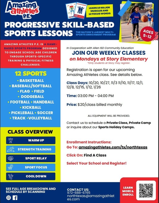 Progressive Skill Based Sports Lessons.  Weekly Classes on Mondays at Story Elementary School. 