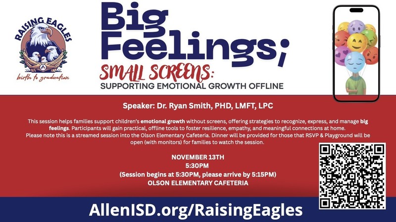 Bright poster with eagles in a nest, smiley balloons on a cell phone, information on a meeting about feelings for emotional growth support. Date of meeting and a QR code to sign up.