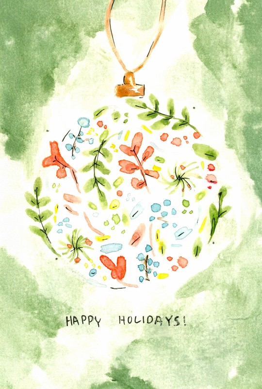 A watercolor-style ornament filled with colorful leaves and delicate floral patterns, set against a soft green background with the message “Happy Holidays!”