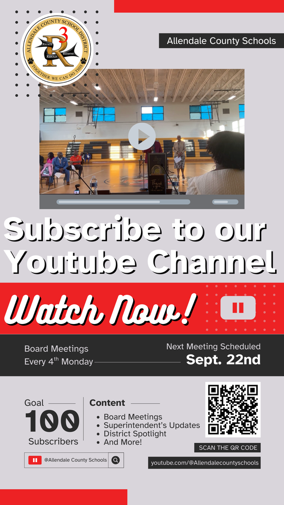 subscribe to our youtube channel watch now board meetings every 4th monday next meeting scheduled sept 22nd goal 100 subscribers content board meetings superintendent updates district spotlight and more scan the qr code youtube.com/allendalecountyschools allendale county schools