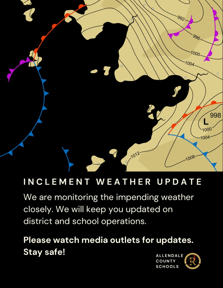 We are monitoring the impending weather closely. We will keep you updated on district and school operations. Watch media outlets for updates. 