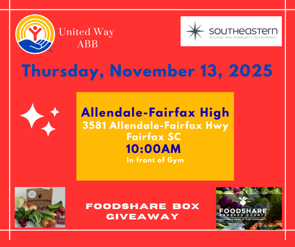 Thursday, November 13, 2025 Allendale-Fairfax High 3581 Allendale-Fairfax Hwy Fairfax SC 10:00AM In front of Gym FOODSHARE FOODSHARE BOX GIVEAWAY
