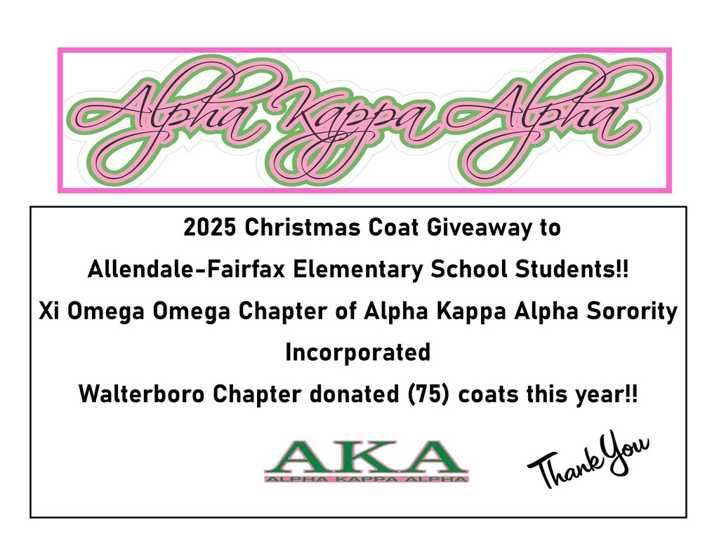 2025 Christmas Coat Giveaway to Allendale-Fairfax Elementary School Students!! Xi Omega Omega Chapter of Alpha Kappa Alpha Sorority Incorporated Walterboro Chapter donated (75) coats this year!! 
