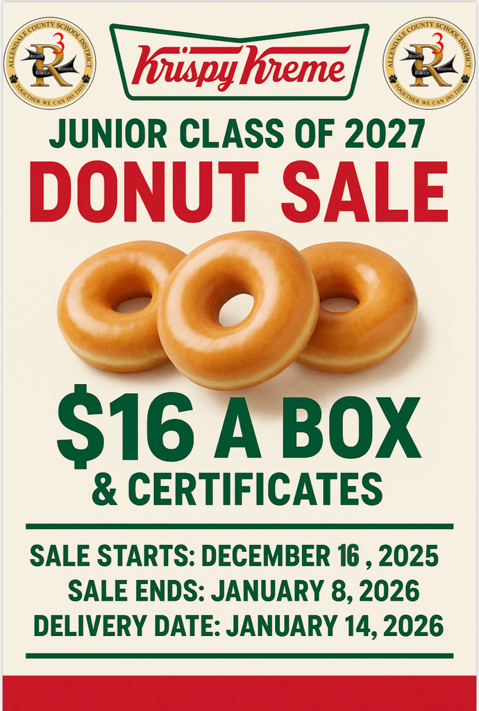 JUNIOR CLASS OF 2027 DONUT SALE $16 A BOX *& CERTIFICATES SALE STARTS: DECEMBER 16, 2025 SALE ENDS: JANUARY 8, 2026 DELIVERY DATE: JANUARY 14, 2026