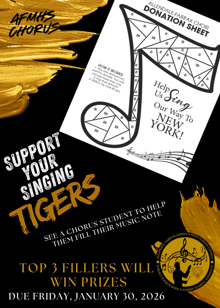 AFMHS CHORUS 510 DONATION SHEET 的 ALLENDALE-FAIRFAX CHOIR $10 S$ S/ HOW IT WORKS: 1. Pick any amount you want to donate. You can choose more than one. 2. Pay that amount 3. Watch my note fill up!! SI 510 SI S7 510 310 HoiSing Our Way To NEW YORK! SUPPORT 510 YOUR StO SINGING TIGERS SEE A CHORUS STUDENT TO HELP THEM FILL THEIR MUSIC NOTE • TOP 3 FILLERS WILL WIN PRIZES DUE FRIDAY, JANUARY 30, 2026