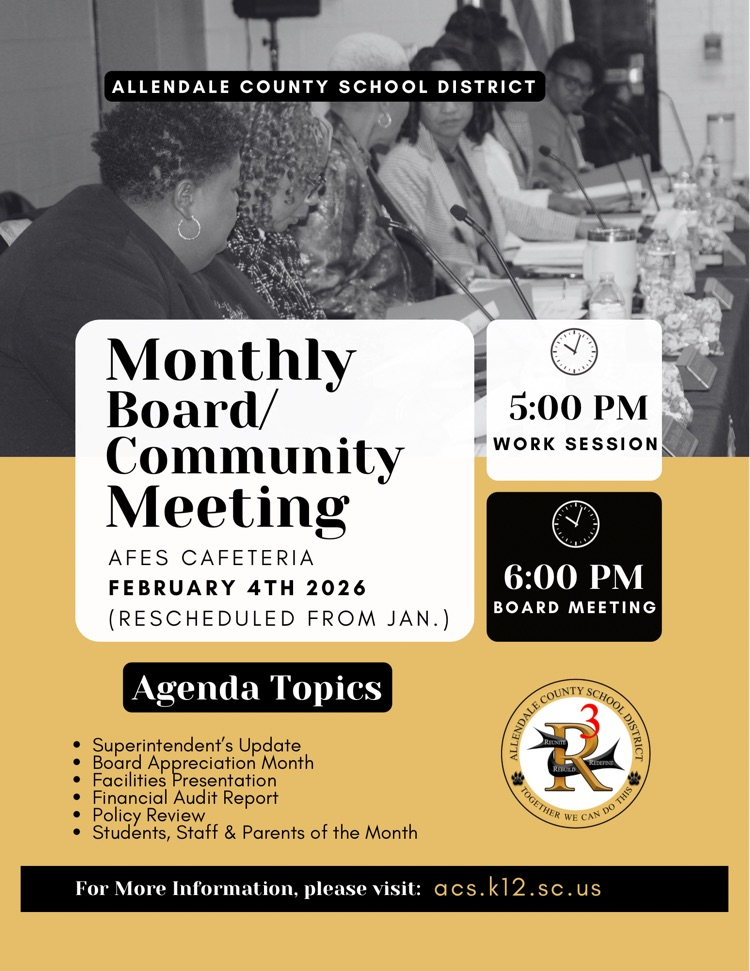monthly board community meeting afes cafeyetia february 4th 2026 rescheduled from jan agenda topics superintendents update board appreciation month facilities presentation financial audit report policy review students staff and parents of the monnth 