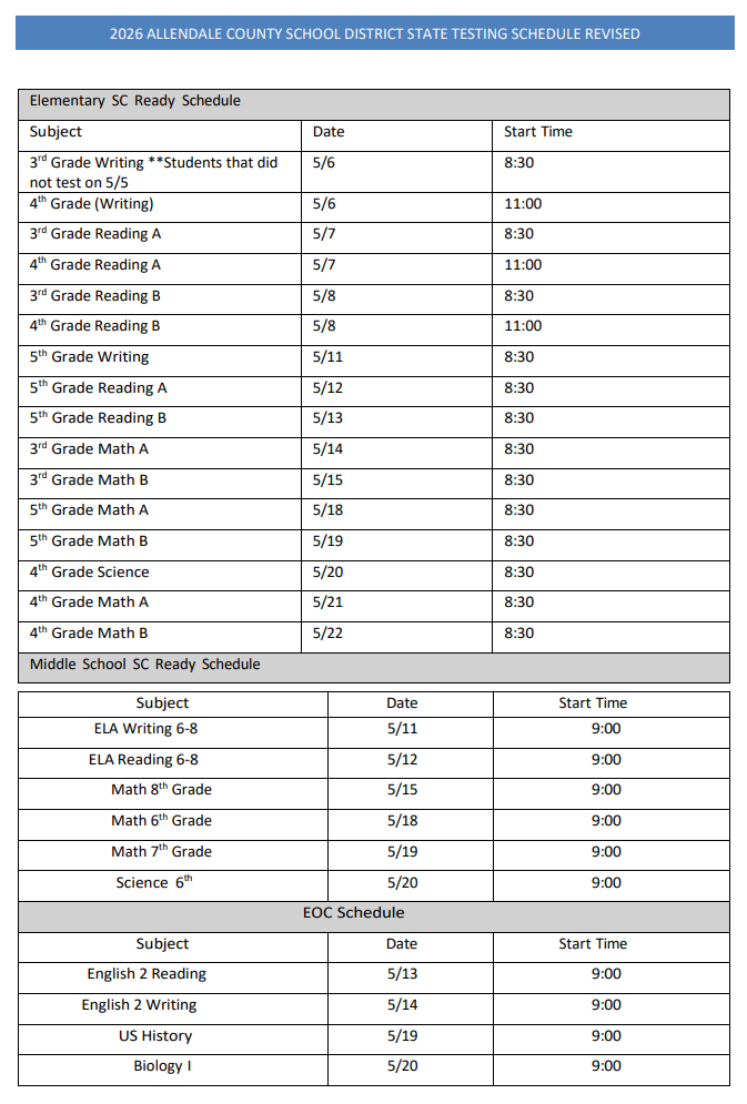 Revised District State Testing Schedule