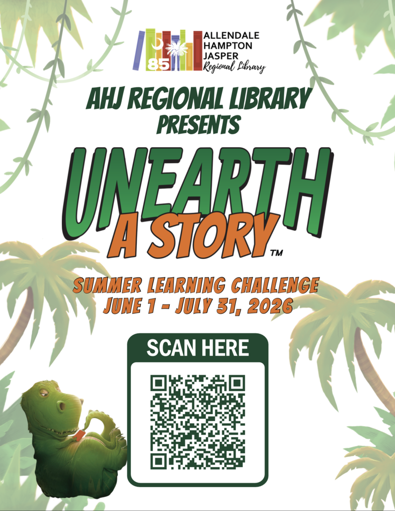 unearth a stroy summer learning challenege scan here june 1-july 31 2026 ahj regional library presents