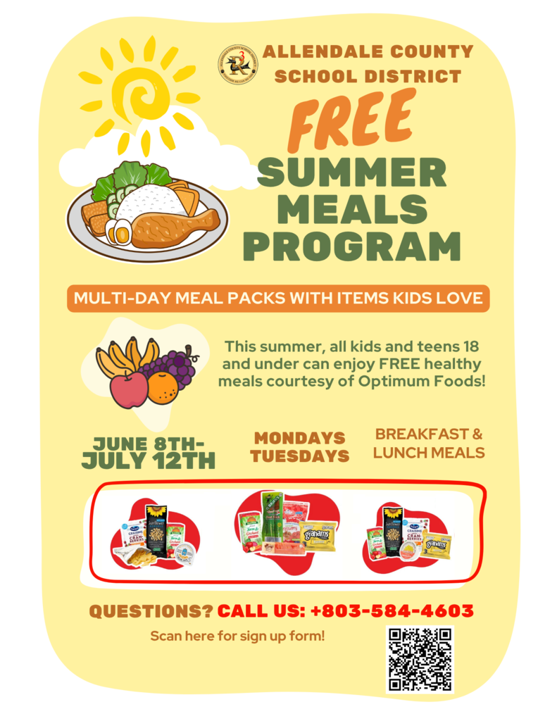 This summer, all kids and teens 18 and under can enjoy FREE healthy meals courtesy of Optimum Foods! allendale county school district free multi-day meal packs with items kids love summer meals program june 8th- july 12th Mondays TUESDAYS Scan here for sign up form! Breakfast & lunch meals Call us: +803-584-4603 Questions?